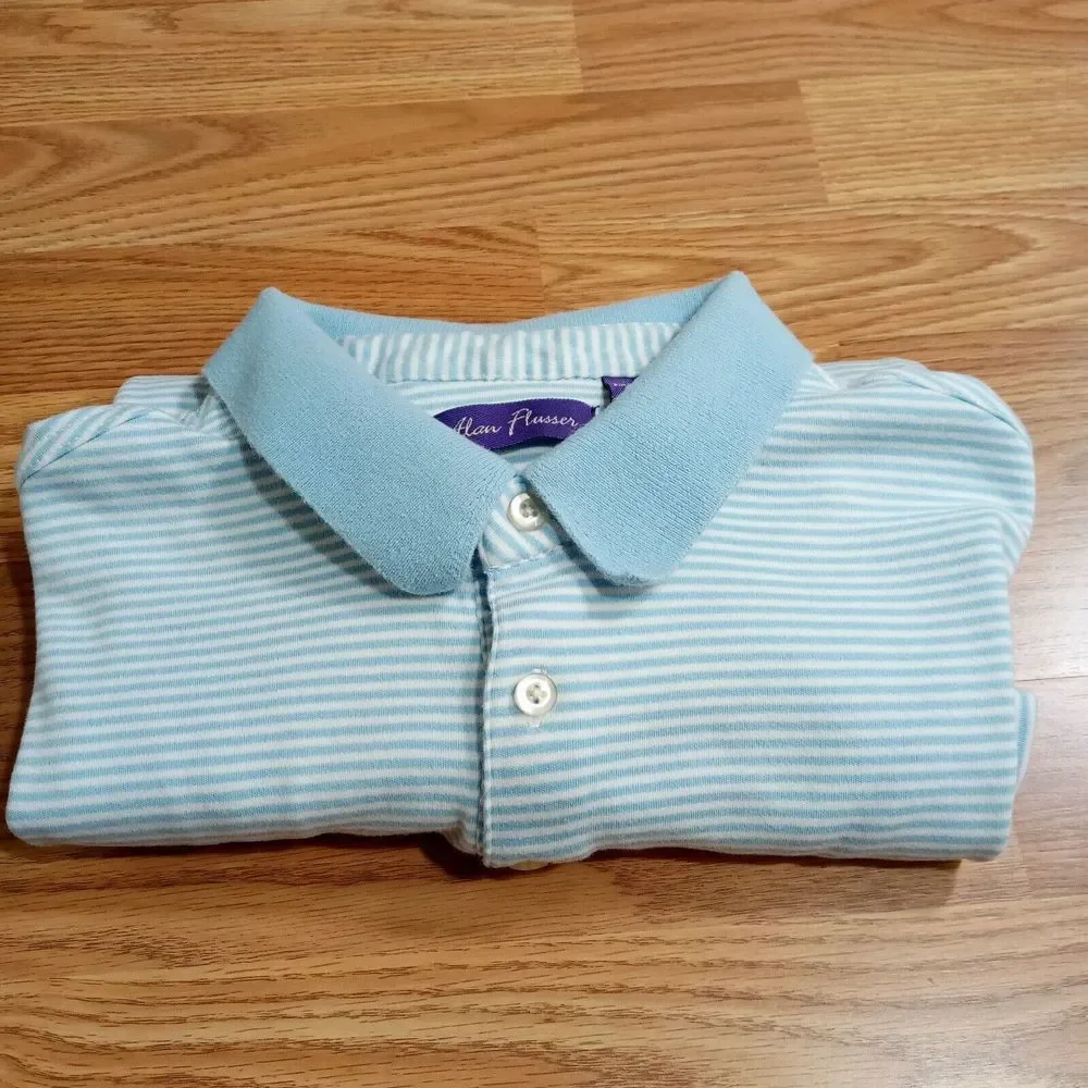 Alan Flusser Shirt Mens Sz L Polo Pima Cotton Soft Striped Short Sleeve‎
